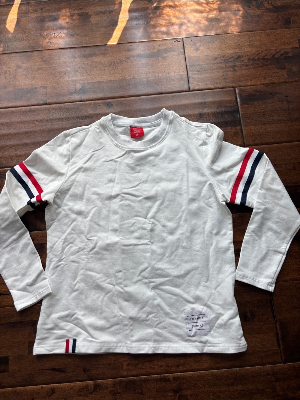 Girls' White Long Sleeve Tee with Red & Navy Stripe Detail